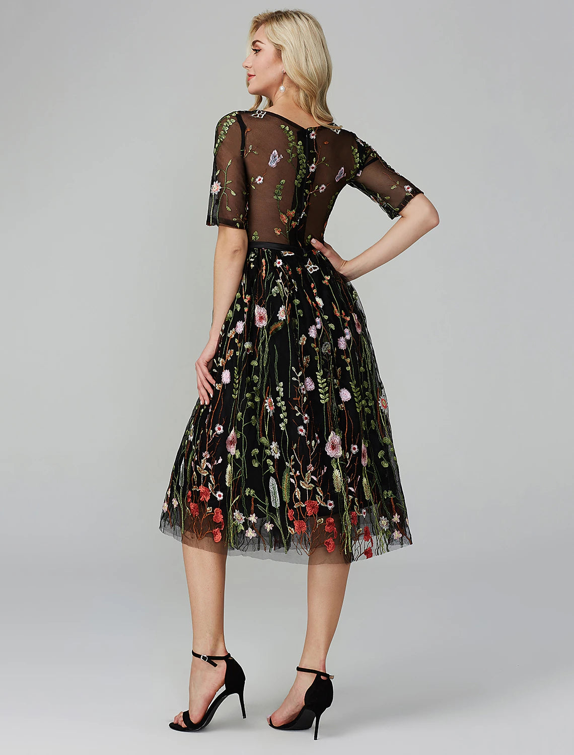 Wholesale A-Line Party Dress Holiday Tea Length Half Sleeve Illusion Neck Fall Wedding Guest Organza with Embroidery Appliques